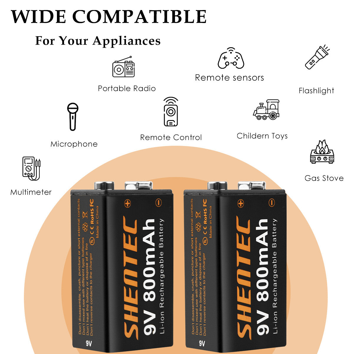 SHENTEC 8Pack 9V 800mAh oplaadbare lithiumbatterij 6F22 PP3 LR22 MN1604