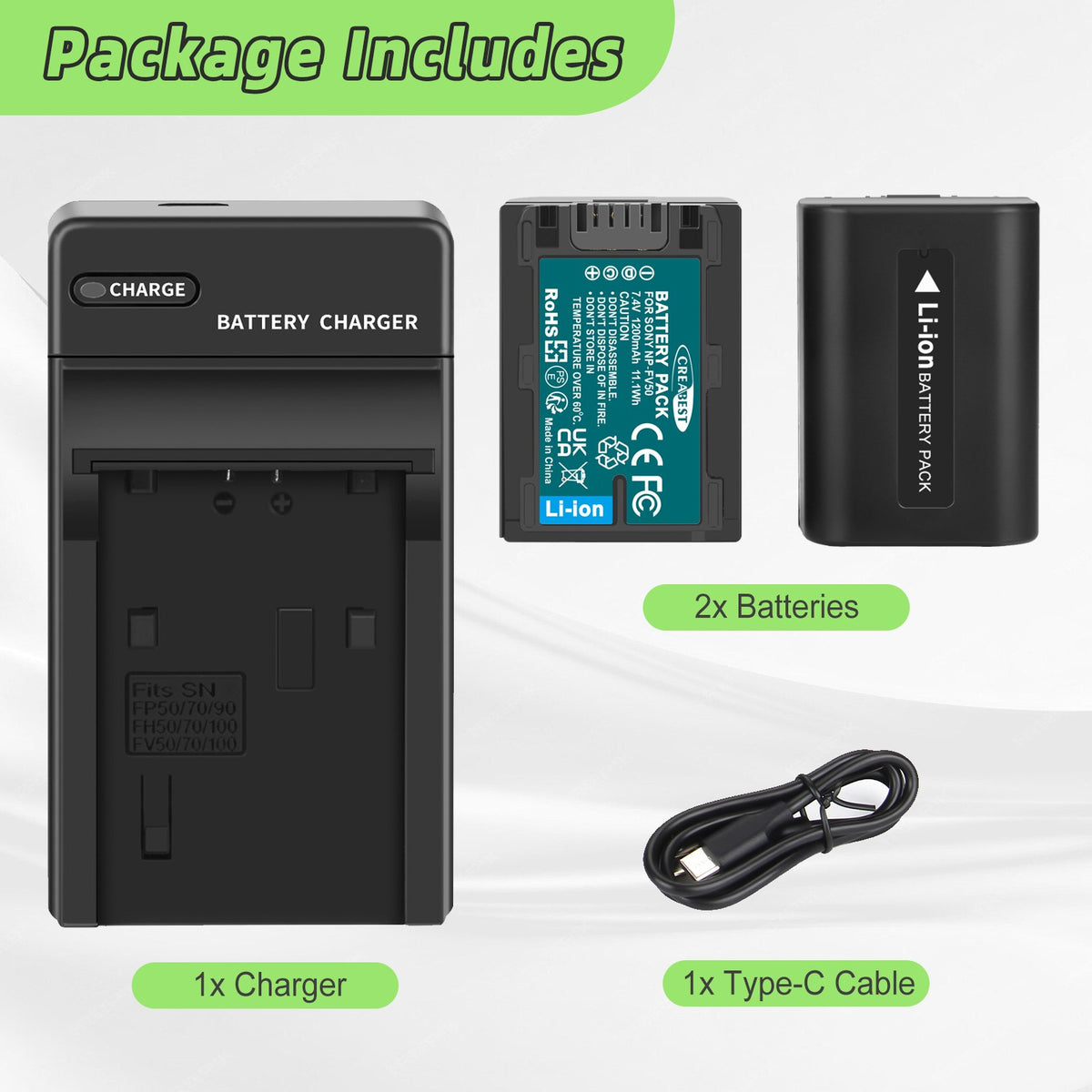 2x NP-FV50 NP-FV30 NP-FV70 Battery + Charger For Sony NP-FV100 NP-FV90 HDR-CX110