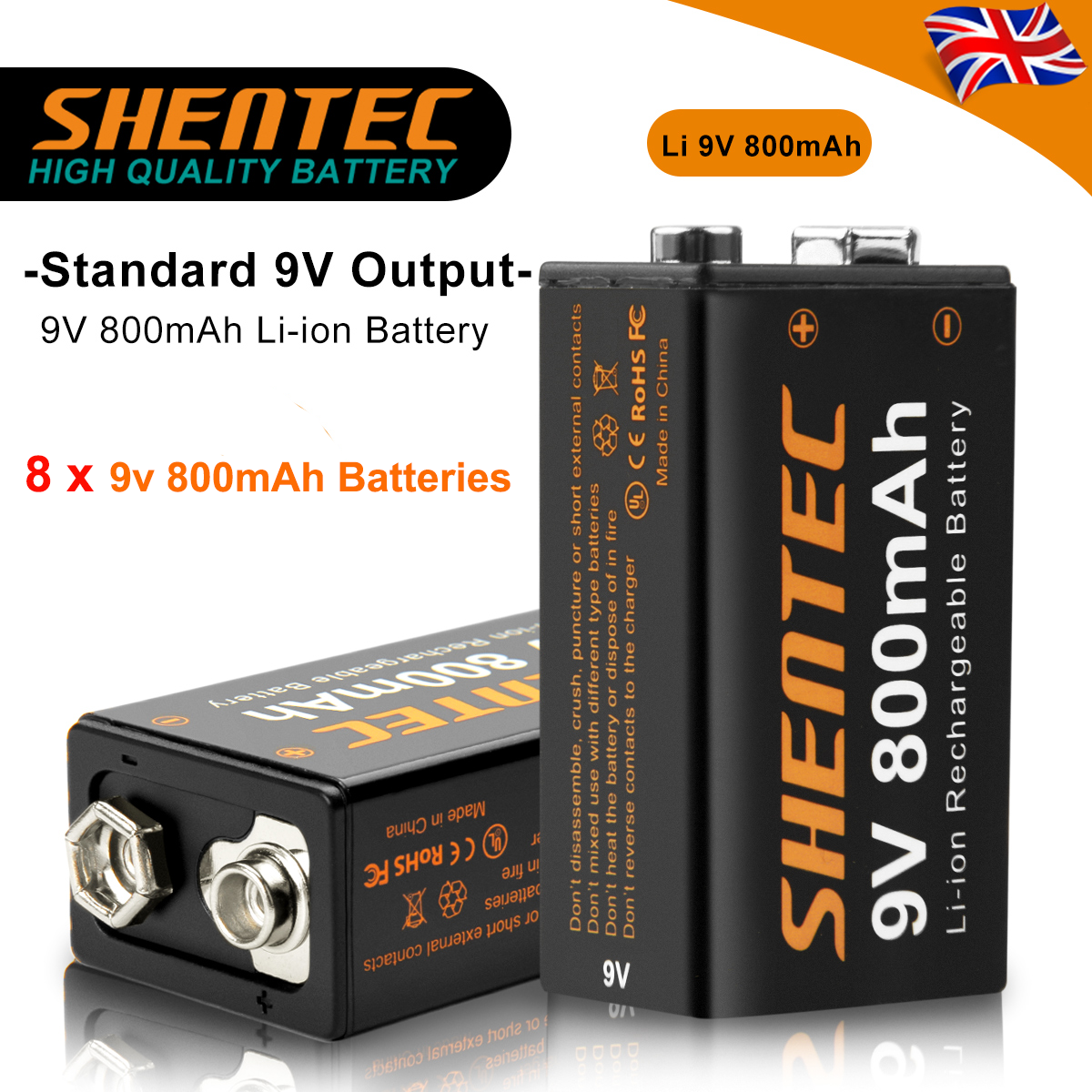 SHENTEC 8Pack 9V 800mAh oplaadbare lithiumbatterij 6F22 PP3 LR22 MN1604