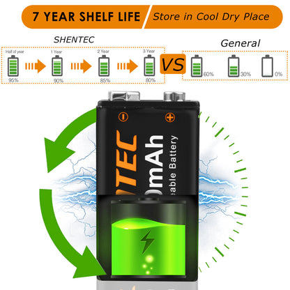 SHENTEC 8Pack 9V 800mAh oplaadbare lithiumbatterij 6F22 PP3 LR22 MN1604