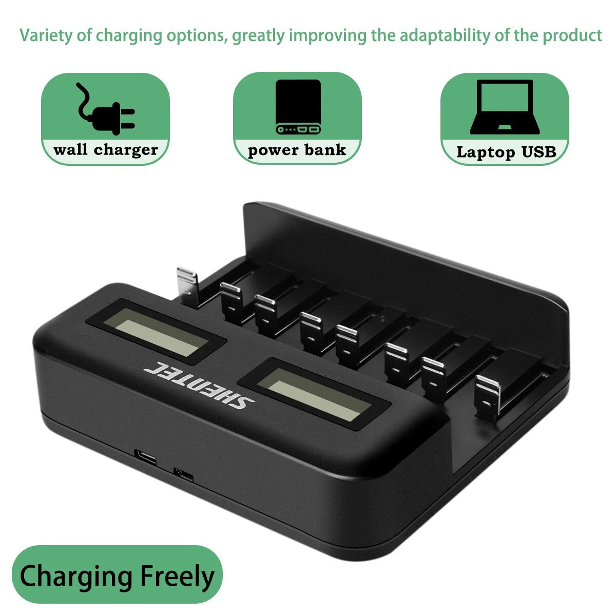 SHENTEC 8-Slot 9V Smart AA AAA C D Ni-MH Rechargeable Battery Charger