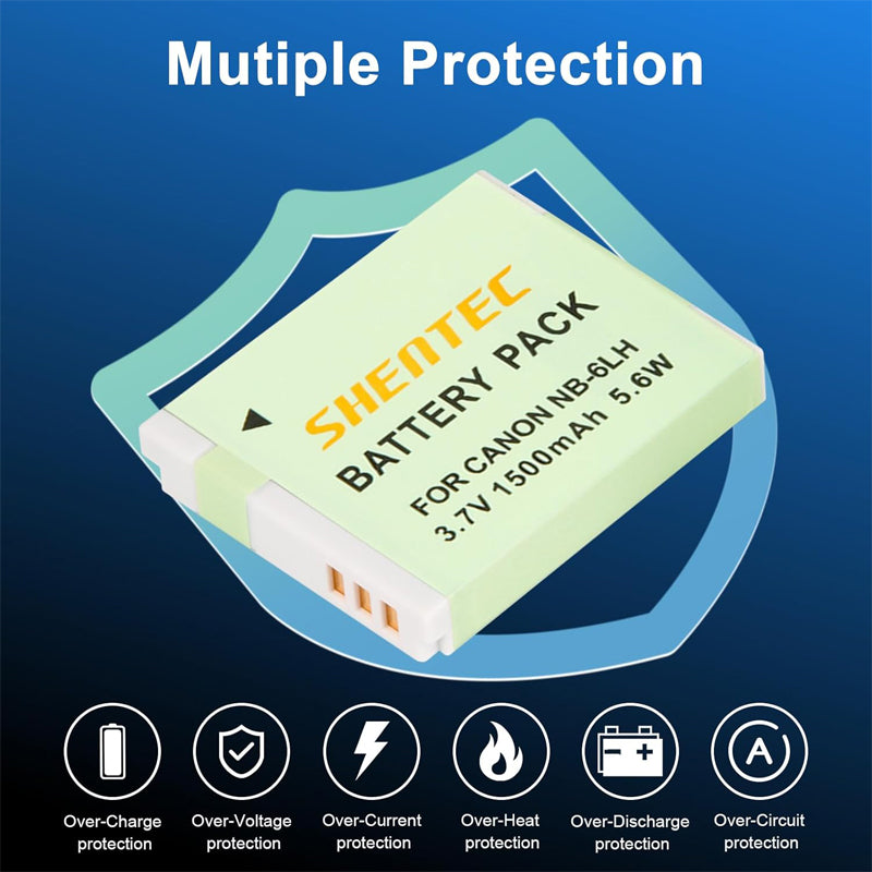 SHENTEC Battery NB-6L, NB-6LH + USB LCD Charger for Canon PowerShot