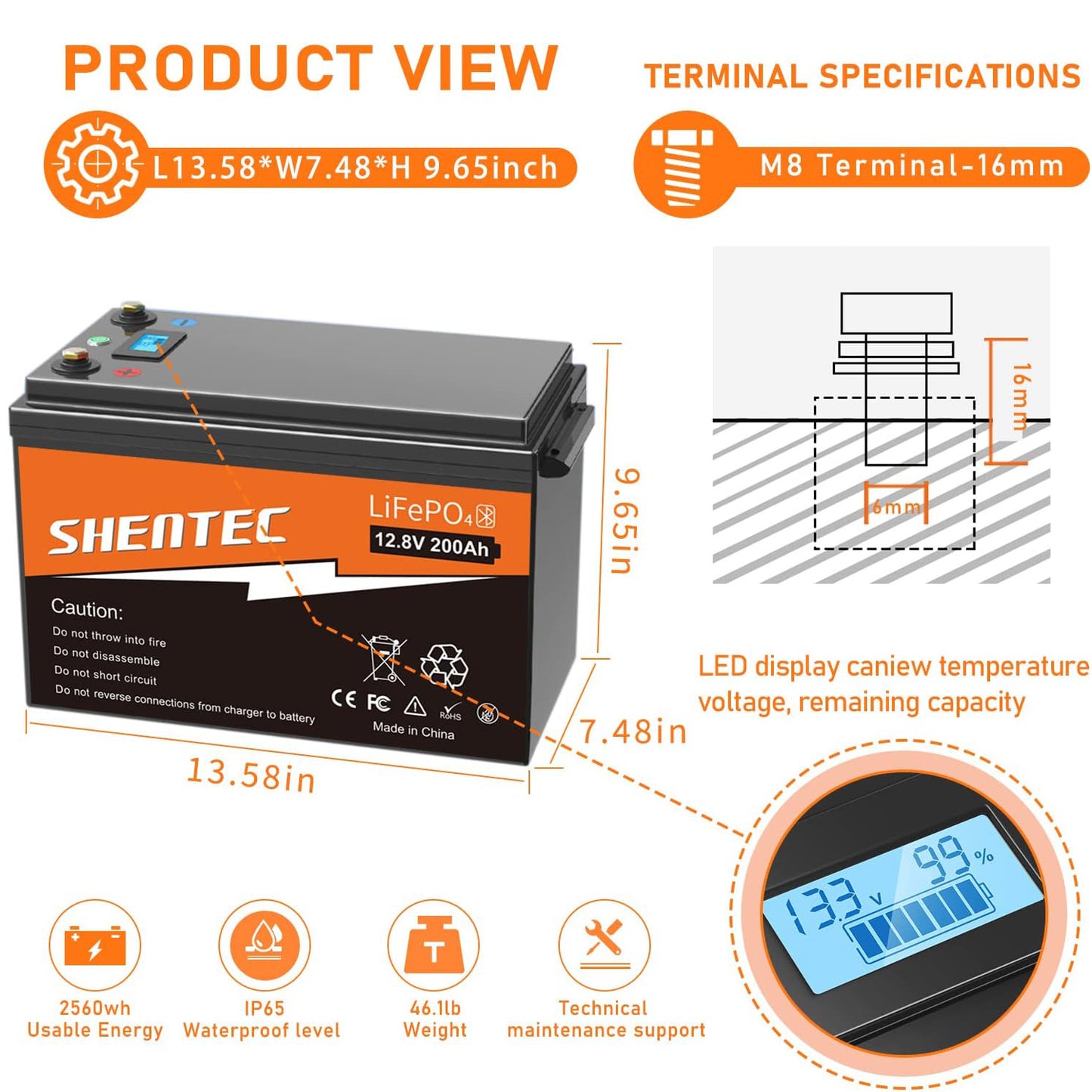 SHENTEC LiFePO4 200Ah 12V Lithium Battery With BMS LED Display Push Button Switch
