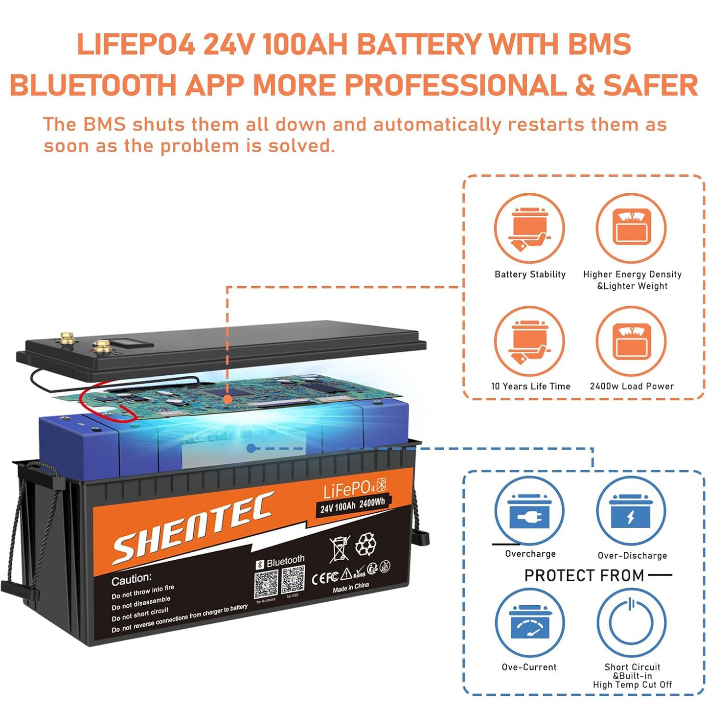 SHENTEC 24V 100Ah Lithium LifePO4 Battery with 100A BMS