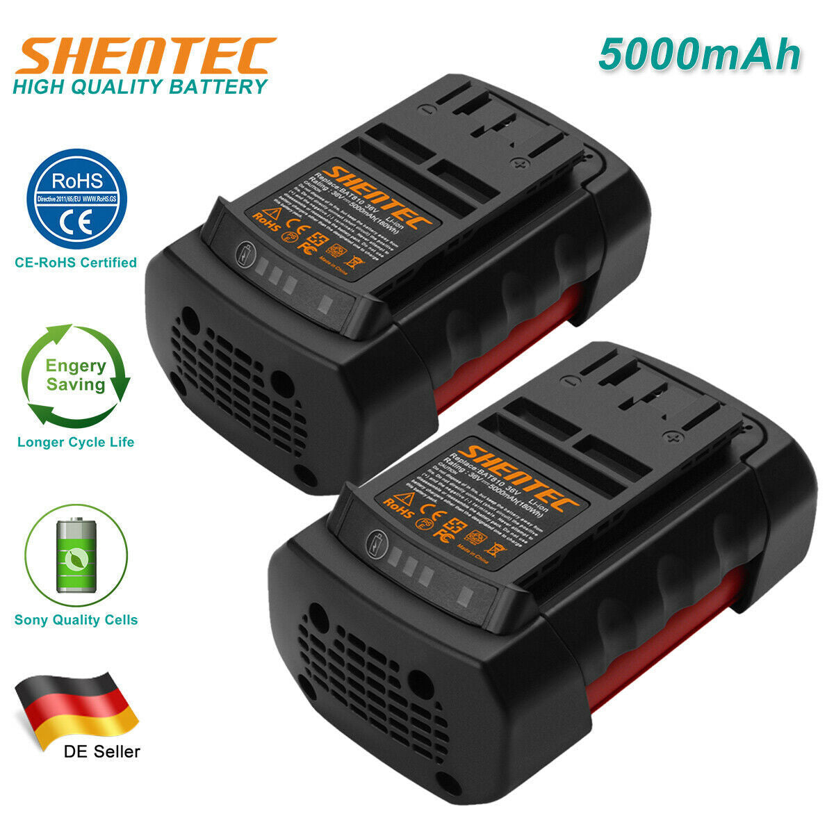 SHENTEC 2 X 5.0Ah 36V Li-ion Replacement Battery for Bosch BAT810 GSB GSR 36 V-Li GBH 36 VF-Li BAT818