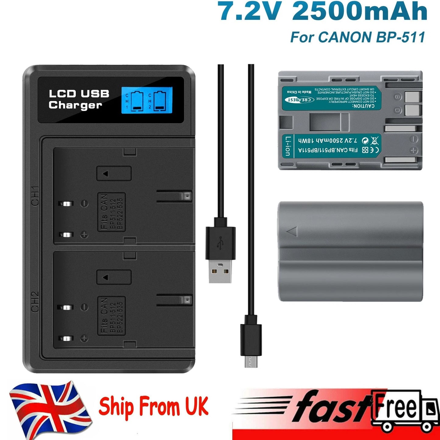 2x BP-511 Accu & LCD Duallader Voor Canon EOS 40D 50D BP-511A 300D 20D 30D