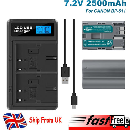 2x BP-511 Accu & LCD Duallader Voor Canon EOS 40D 50D BP-511A 300D 20D 30D