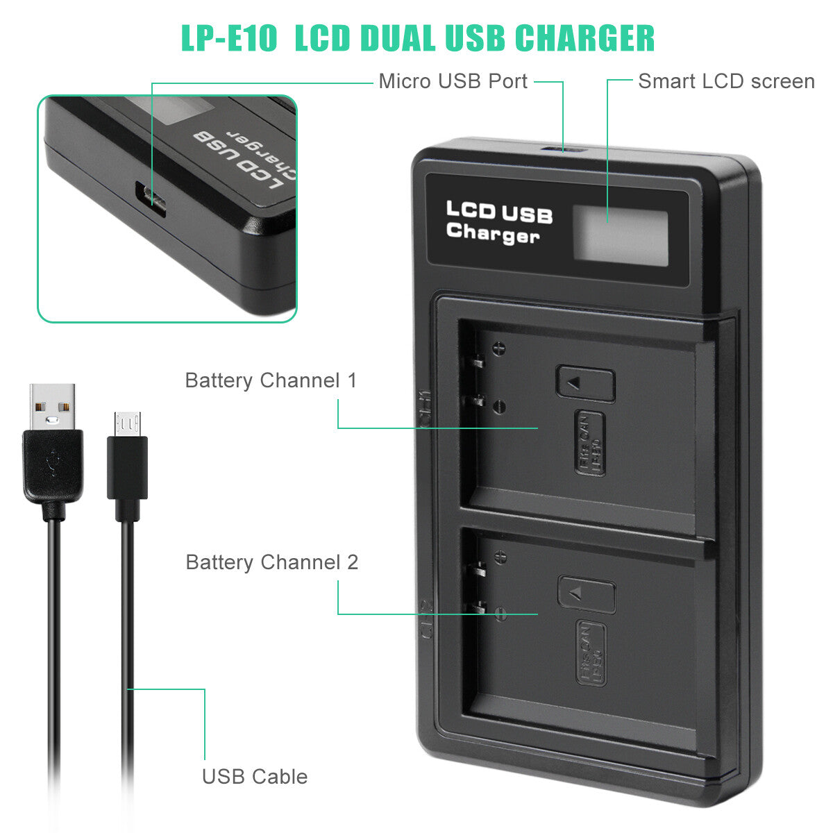2x LP-E10 Accu & Lader Voor Canon Rebel T3 T5 Kiss X50 EOS 1200D 1300D 2000D