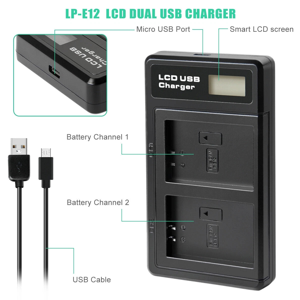 2x LP-E12 accu + oplader voor Canon EOS M, M10, M50 en PowerShot SX70