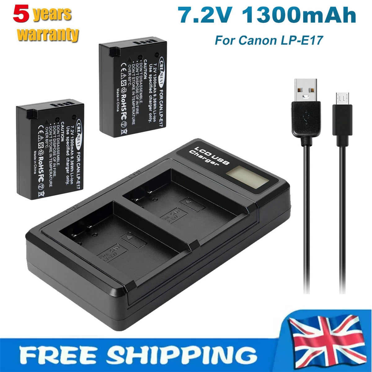 2x LP-E17 Batterij+Lader voor Canon M3 200D 250D 750D 850D 800D X8i X9 77D M6 M5
