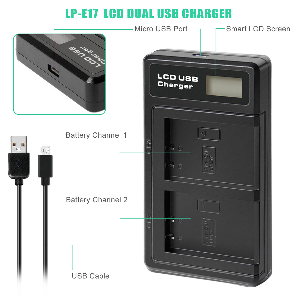 2x LP-E17 Batterij+Lader voor Canon M3 200D 250D 750D 850D 800D X8i X9 77D M6 M5
