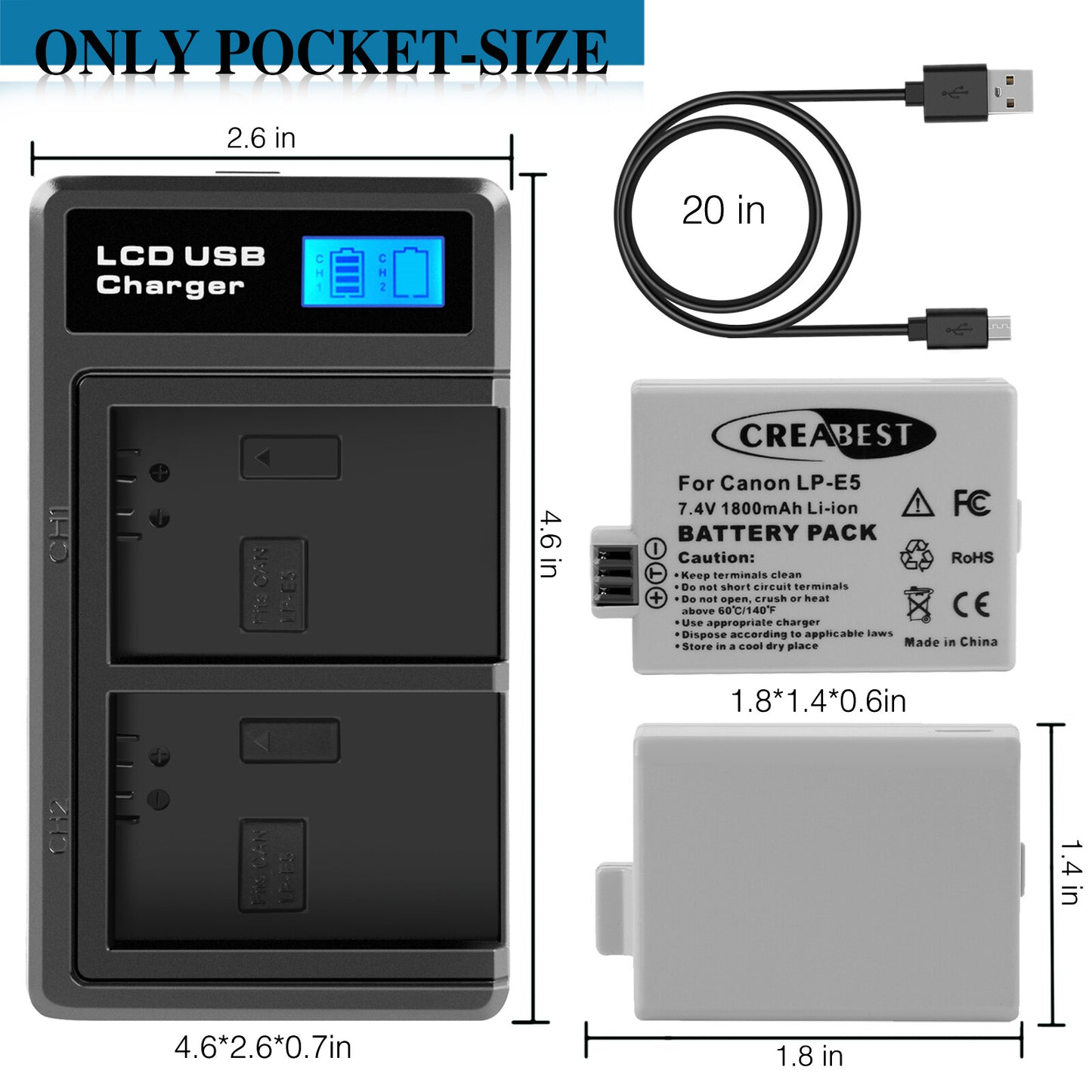 2× LP-E5-accu 1800mAh voor Canon EOS 450D 500D 1000D Rebel T1i Xs Kiss X3 X2