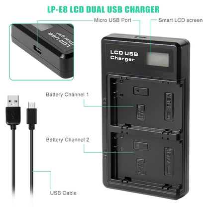 SHENTEC 2x LP-E8 Accu + Dubbele Oplader voor Canon EOS 550D 600D 650D 700D Kiss T2i X4 X5