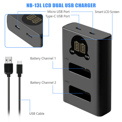 2x NB-13L accu + LCD-lader voor Canon PowerShot SX620 HS G5X G7X Mark III II