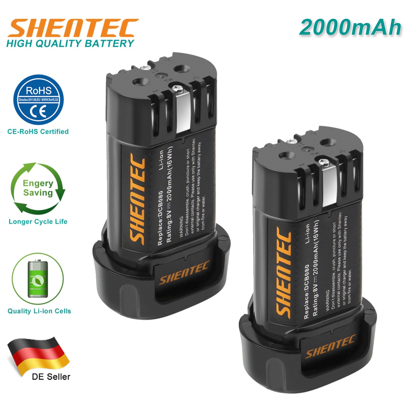 SHENTEC 2-pack 2000mAh 8-Volt vervangende accu compatibel met DEWALT
