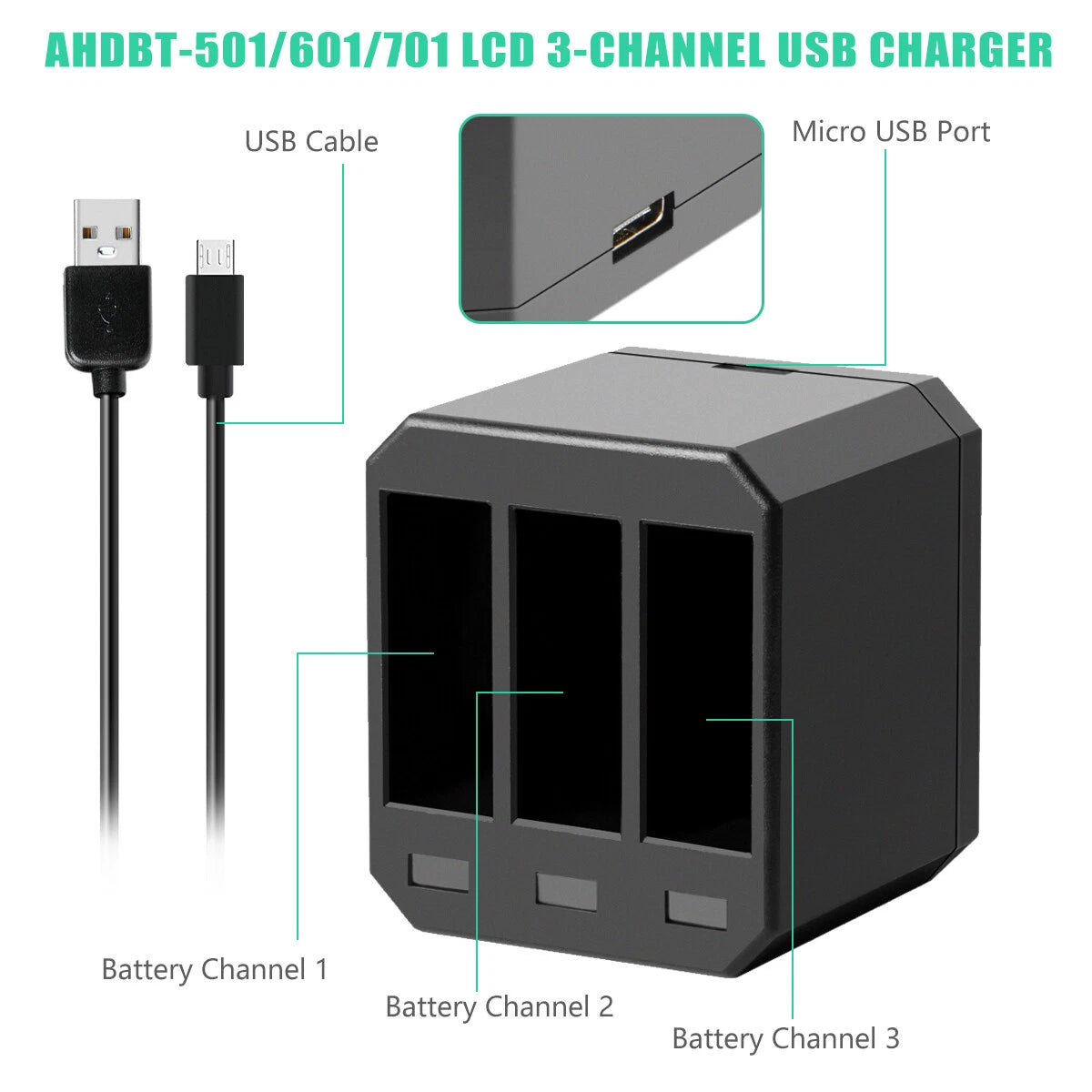 3 stuks accu AHDBT-501 601 701 voor GoPro HERO 7 Hero 6 5 Black + drievoudige oplader