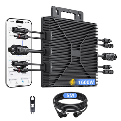 Micro-omvormer 1600W, Balkon-energiecentrale met wifi, Plug & Play, App-bediening, 5 m AC-kabel, PV-omvormer