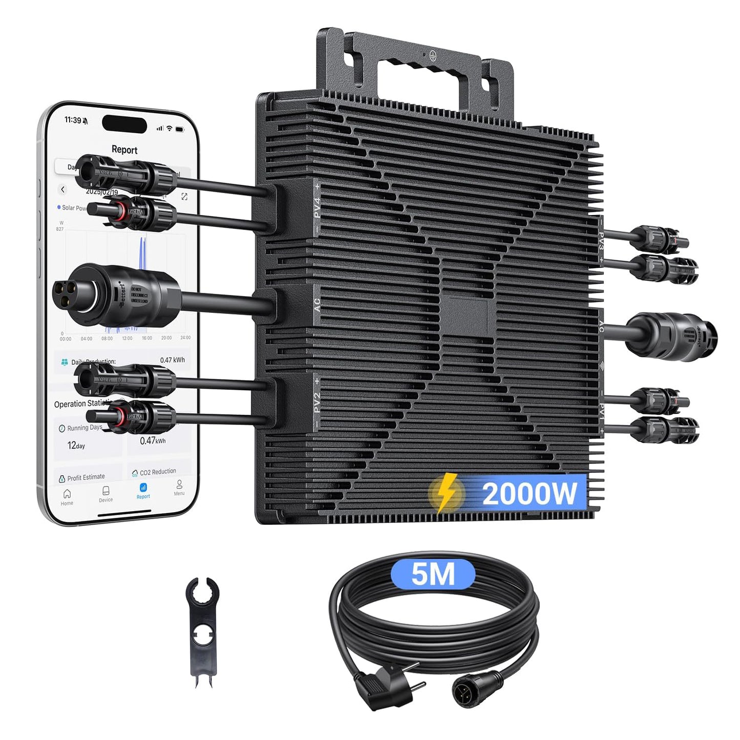 Micro-omvormer 2000W, balkon-energiecentrale met wifi, plug & play, appbediening, 5 m AC-kabel, PV-omvormer