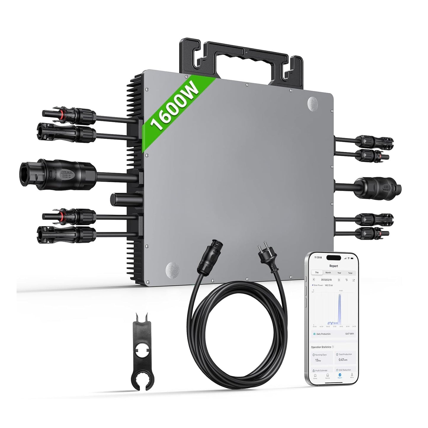 Micro-omvormer 1600W, Balkon-energiecentrale met wifi, Plug & Play, App-bediening, 5 m AC-kabel, PV-omvormer