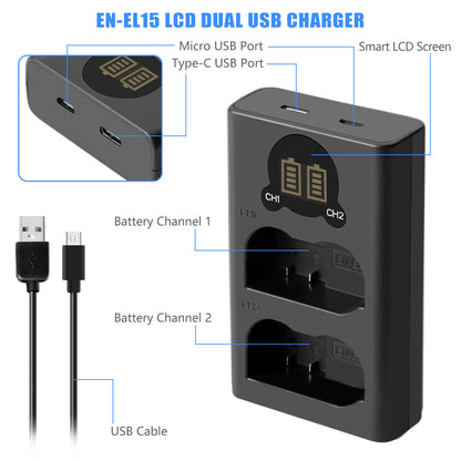 2x EN-EL15-batterij + dubbele lader voor Nikon EL15A D500, D600, D610, D750, D850, D800E