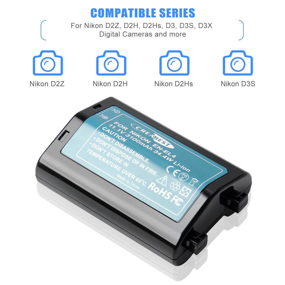 3100mAh EN-EL4-accu voor Nikon EN-EL4e F6 D2X D2Xs D2H D2Hs D3 D3S D3X EN-EL4a