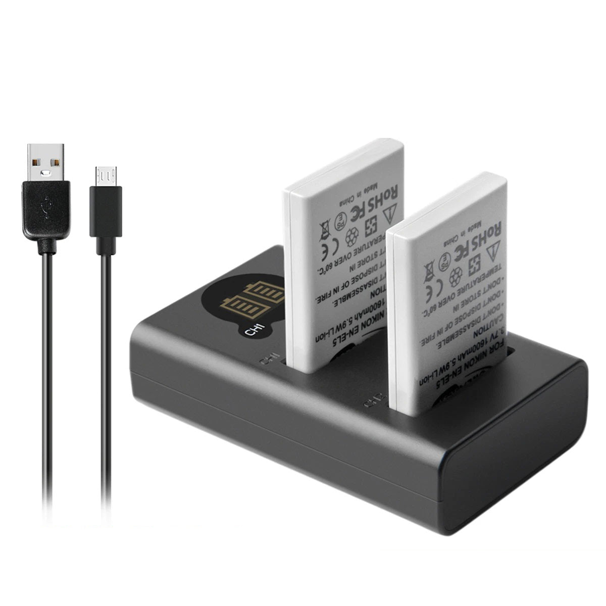 2x 1600mAh EN-EL5-accu + dubbele oplader voor Nikon Coolpix P520 P100 P510