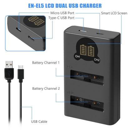 2x 1600mAh EN-EL5-accu + dubbele oplader voor Nikon Coolpix P520 P100 P510
