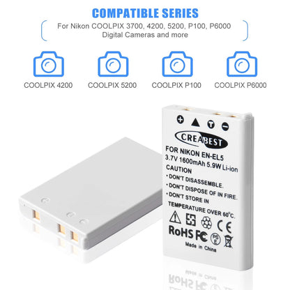 2x 1600mAh EN-EL5-accu + dubbele oplader voor Nikon Coolpix P520 P100 P510