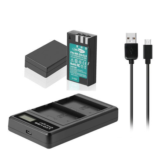 2x EN-EL9 2.0Ah batterij +lader voor Nikon EN-EL9a D40X DSLR D3000 D5000 D60 D40
