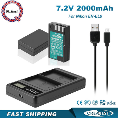 2x EN-EL9 2.0Ah batterij +lader voor Nikon EN-EL9a D40X DSLR D3000 D5000 D60 D40