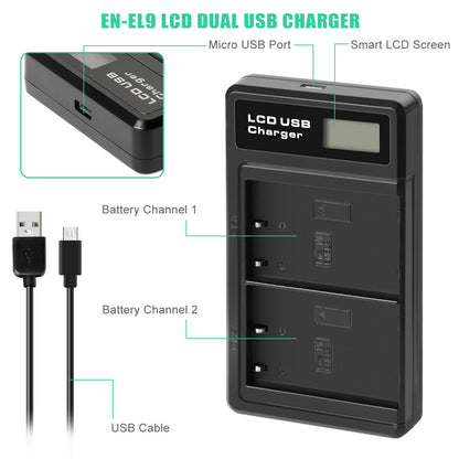 2x EN-EL9 2.0Ah batterij +lader voor Nikon EN-EL9a D40X DSLR D3000 D5000 D60 D40