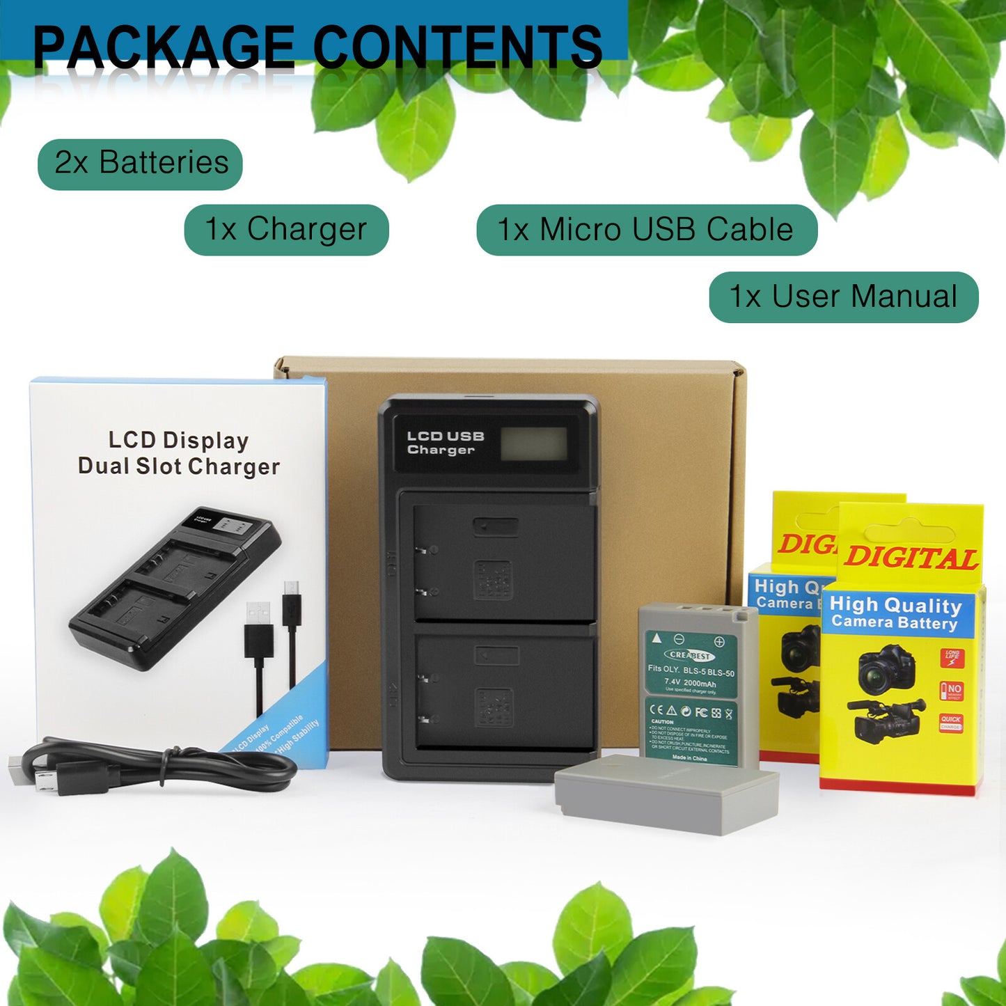 2x BLS-5 BLS-50 PS-BLS5 2000mAh Camera Accu + Dubbele Oplader Voor Olympus PEN