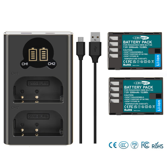 2x DMW-BLF19-batterij en LCD-lader voor Panasonic Lumix GH3 GH4 GH5 GH5M2 GH5S G9