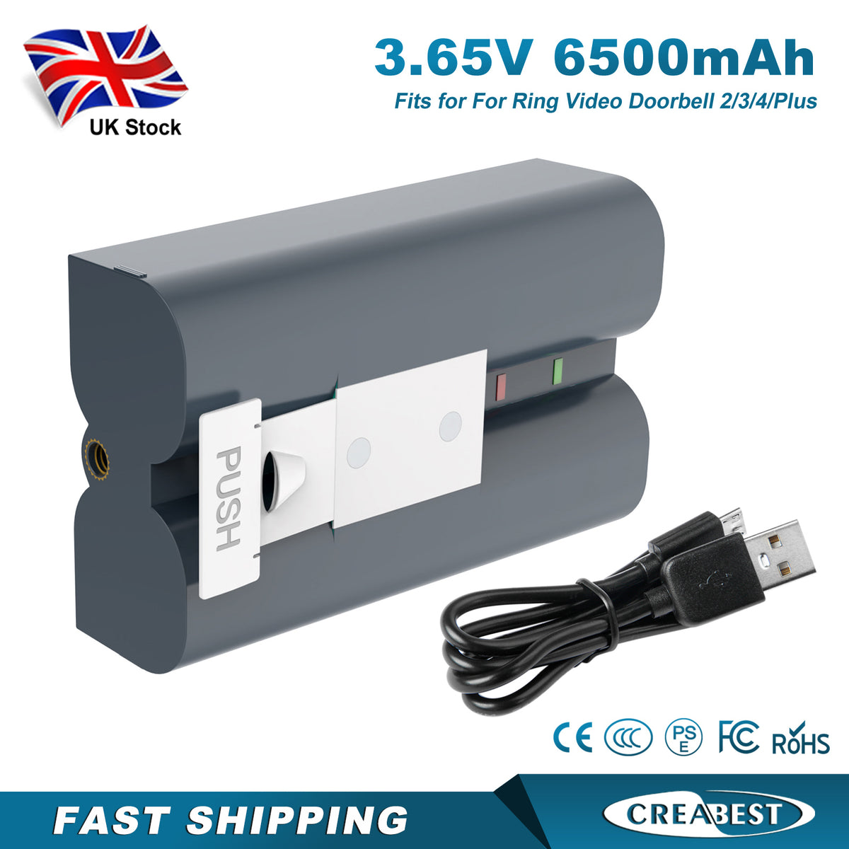 SHENTEC 6400mAh V4 oplaadbare batterij voor Ring Video Doorbell 2, 3 en 4, Spotlight en Stick Up