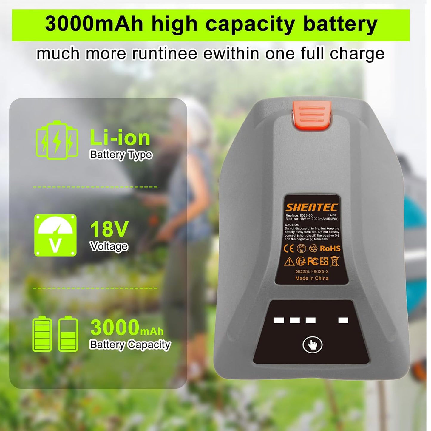 SHENTEC 18V vervangende batterij voor Gardena 008A231 8025-20 Comfort wandgemonteerde slangenbox 35 oprolautomaat LI 8025