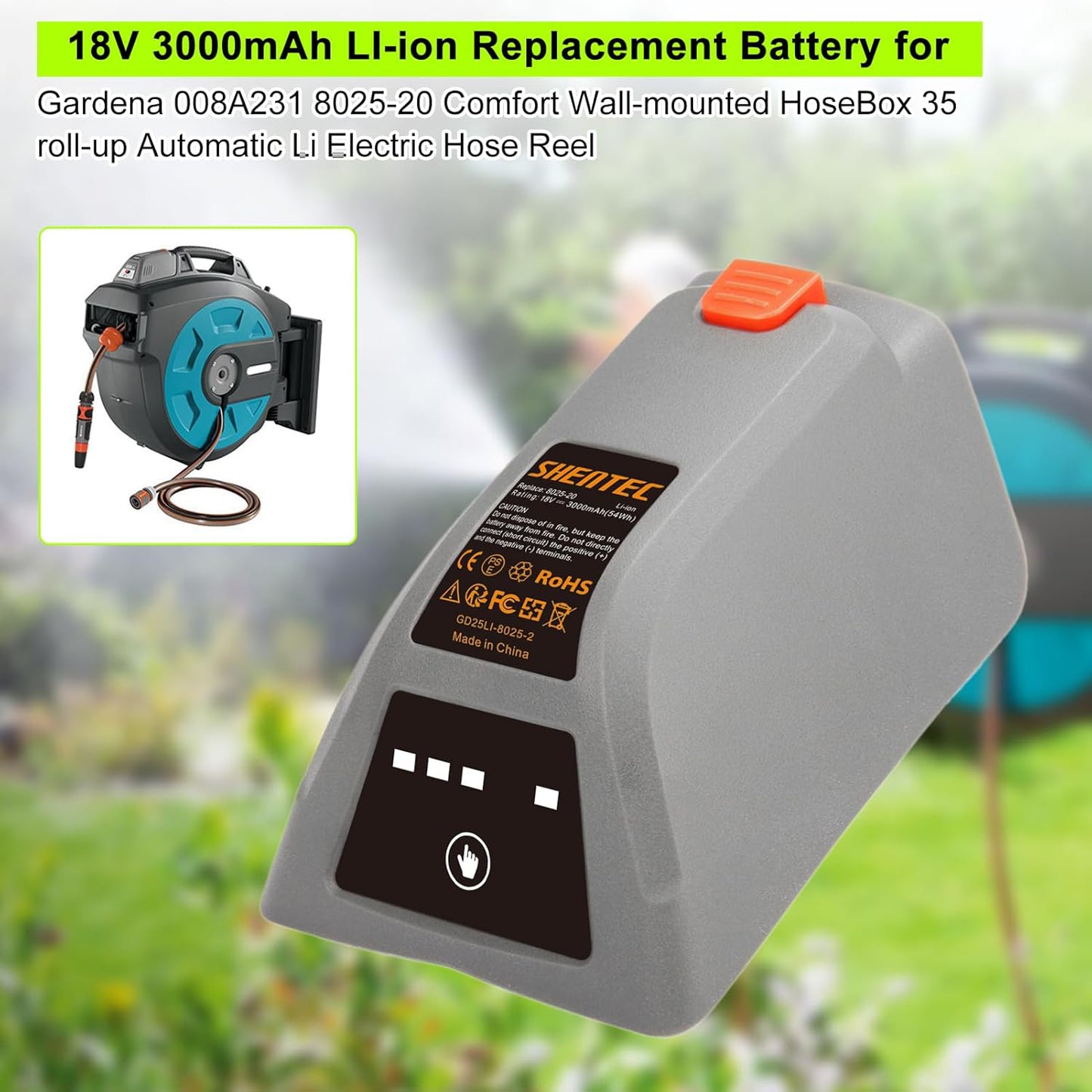SHENTEC 18V vervangende batterij voor Gardena 008A231 8025-20 Comfort wandgemonteerde slangenbox 35 oprolautomaat LI 8025
