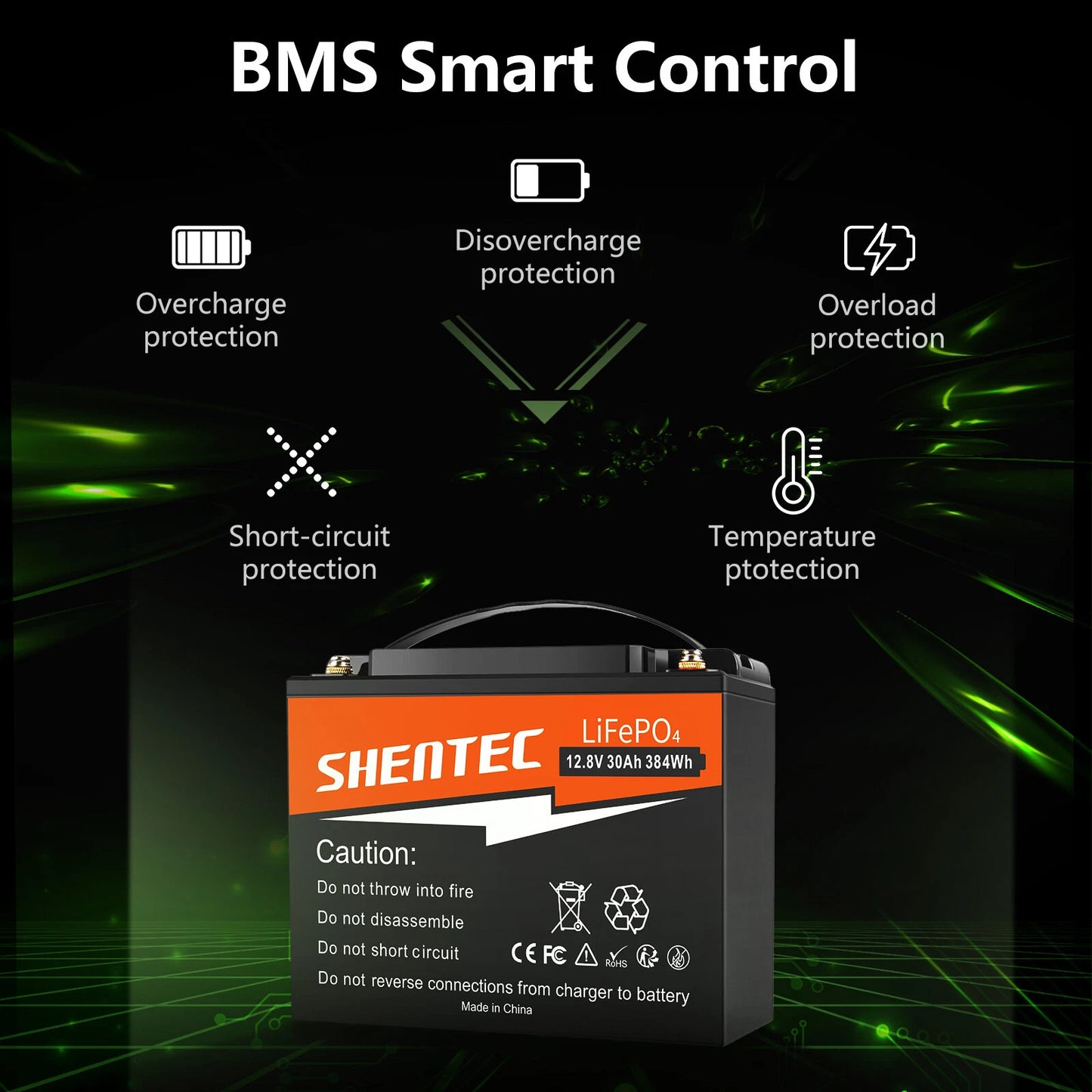 SHENTEC 12.8V 30AH Lithium LiFePO4-batterij voor thuis, camper, boot en noodstroom