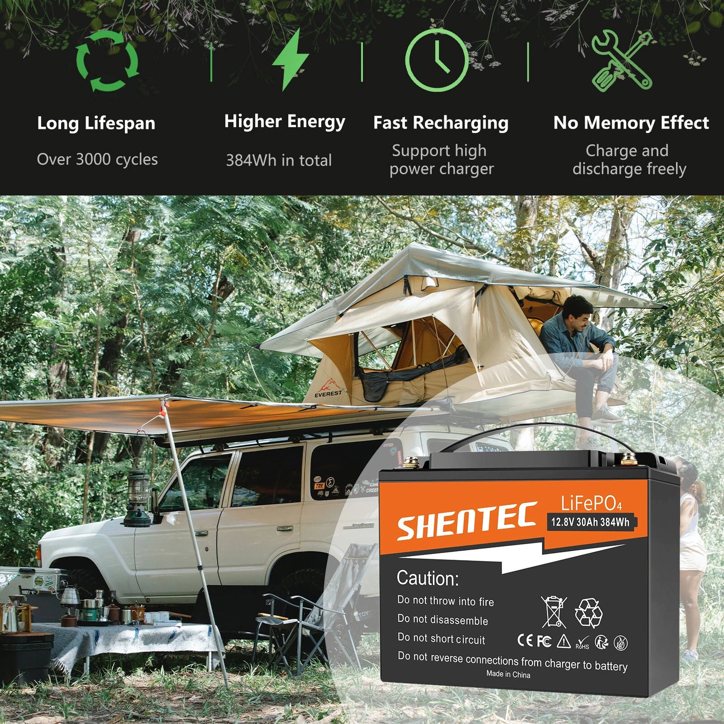 SHENTEC 12.8V 30AH Lithium LiFePO4-batterij voor thuis, camper, boot en noodstroom