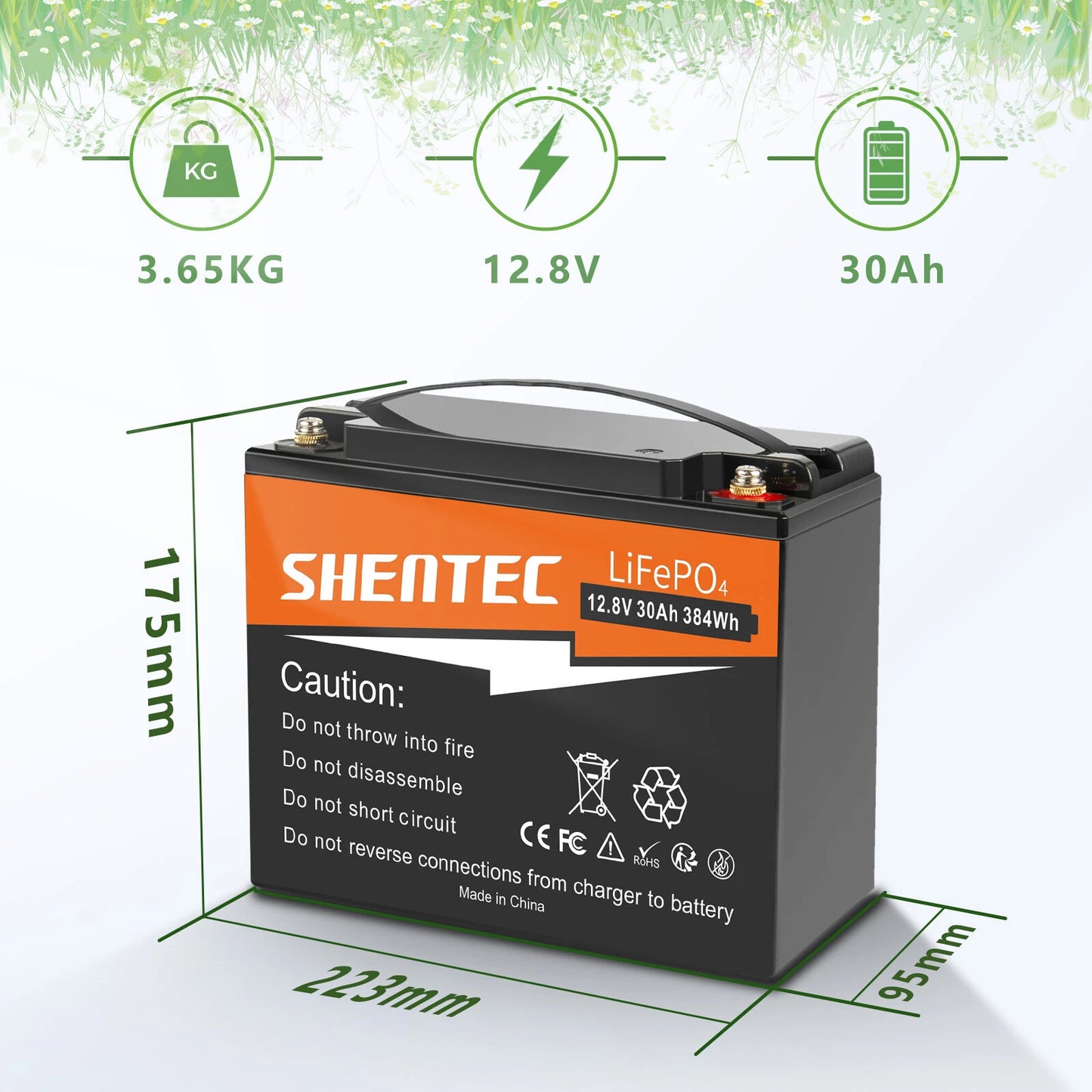 SHENTEC 12.8V 30AH Lithium LiFePO4-batterij voor thuis, camper, boot en noodstroom