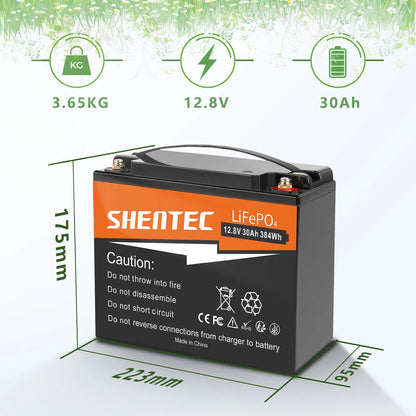 SHENTEC 12.8V 30AH Lithium LiFePO4-batterij voor thuis, camper, boot en noodstroom