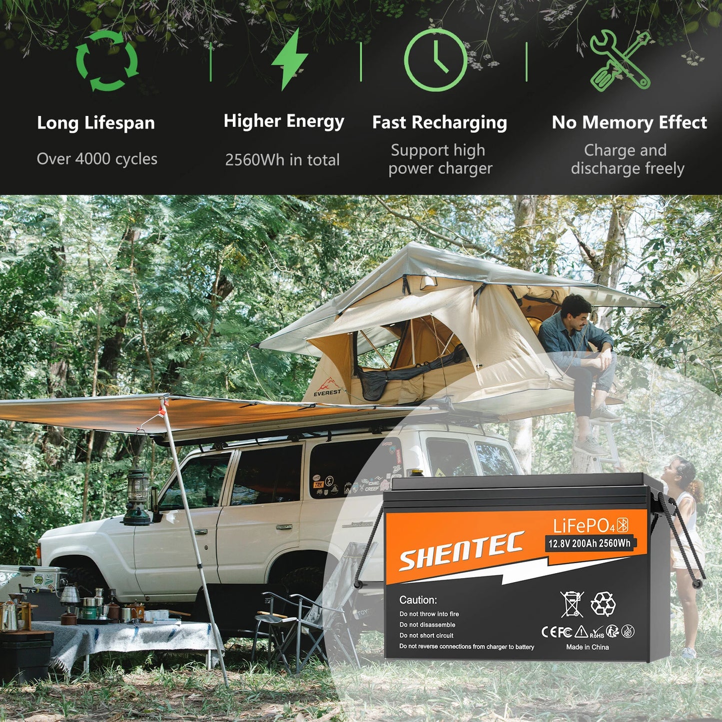 SHENTEC 12V 200Ah LITHIUM LiFePO4 BATTERIJ VOOR BOOT EN CAMPER 6000+ CYCLI