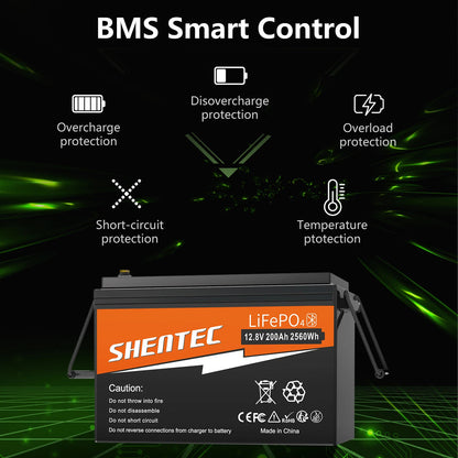 SHENTEC 12V 200Ah LITHIUM LiFePO4 BATTERIJ VOOR BOOT EN CAMPER 6000+ CYCLI