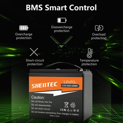 SHENTEC 12.8V 50Ah Lithium LiFePO4-Accu Voor Zonnepanelen, Camper, Boot, Caravan En Kamperen