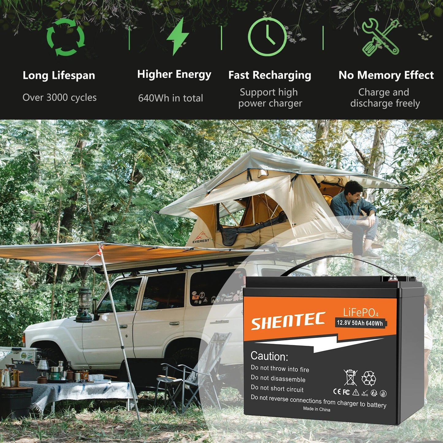 SHENTEC 12.8V 50Ah Lithium LiFePO4-Accu Voor Zonnepanelen, Camper, Boot, Caravan En Kamperen