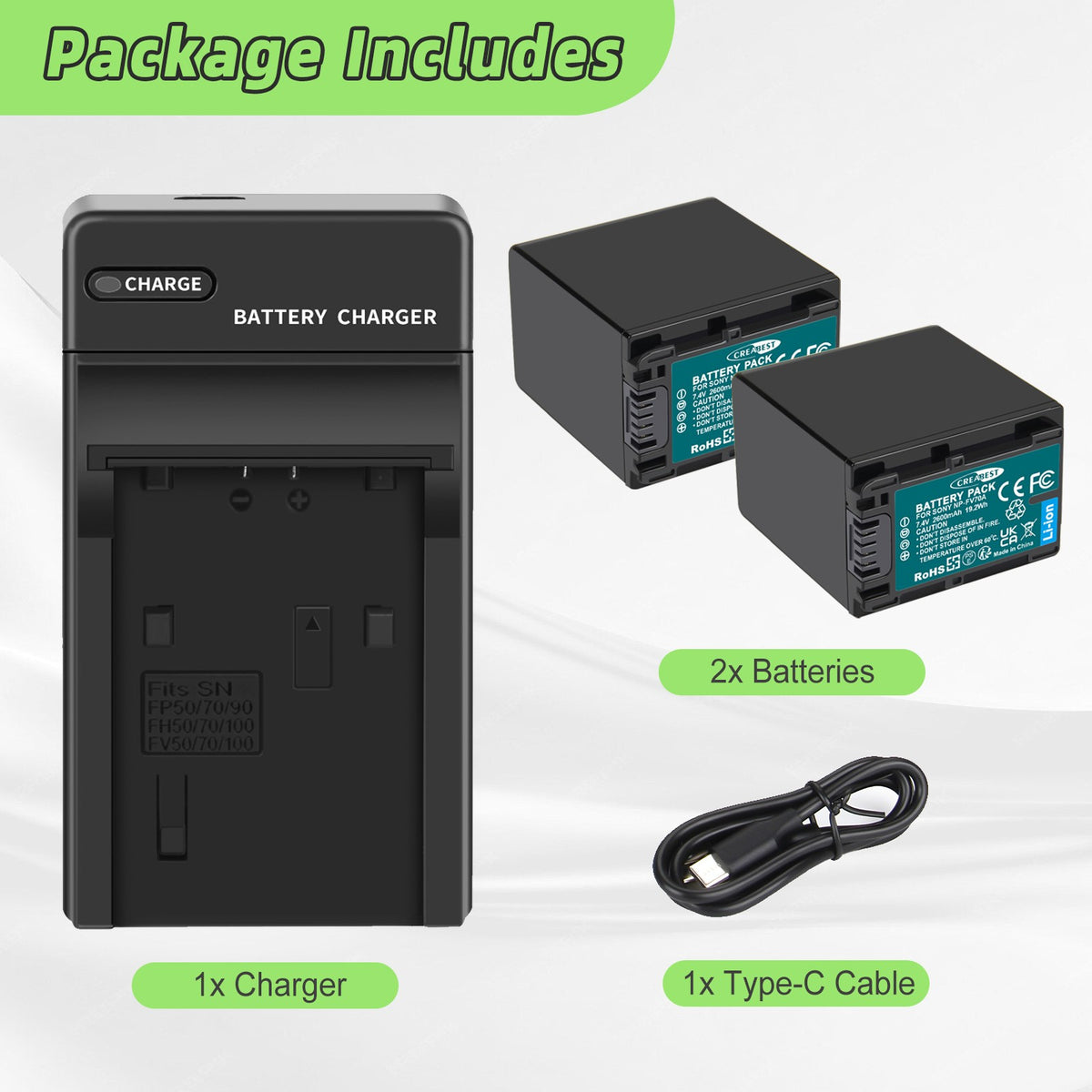 2x NP-FV70-batterij 2.6ah voor Sony NP-FV100 NP-FV90 NP-FV50 NP-FV30 NP-FV40-lader