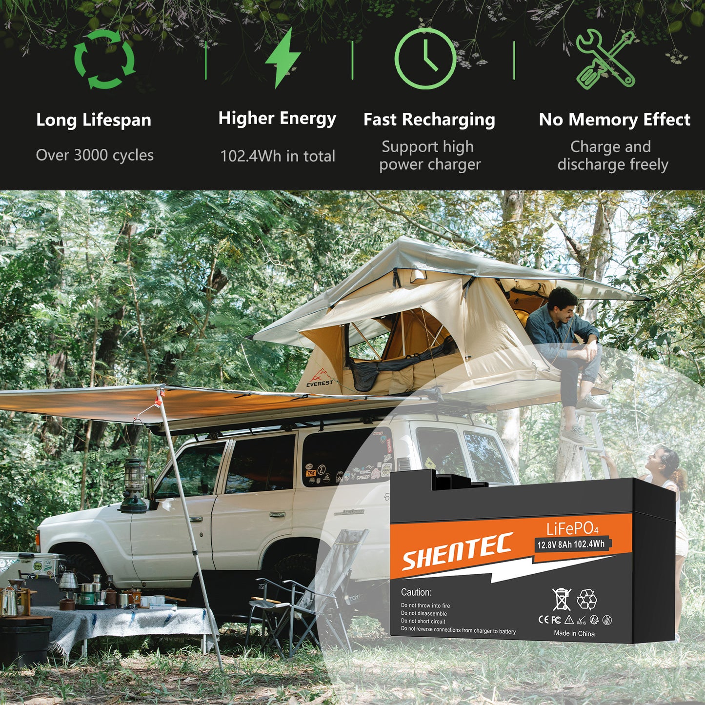 SHENTEC 8Ah 12.8V BMS LiFePO4-accu voor boot, camper, zonne-energie, caravan, kampeerbusjes, off-grid golf