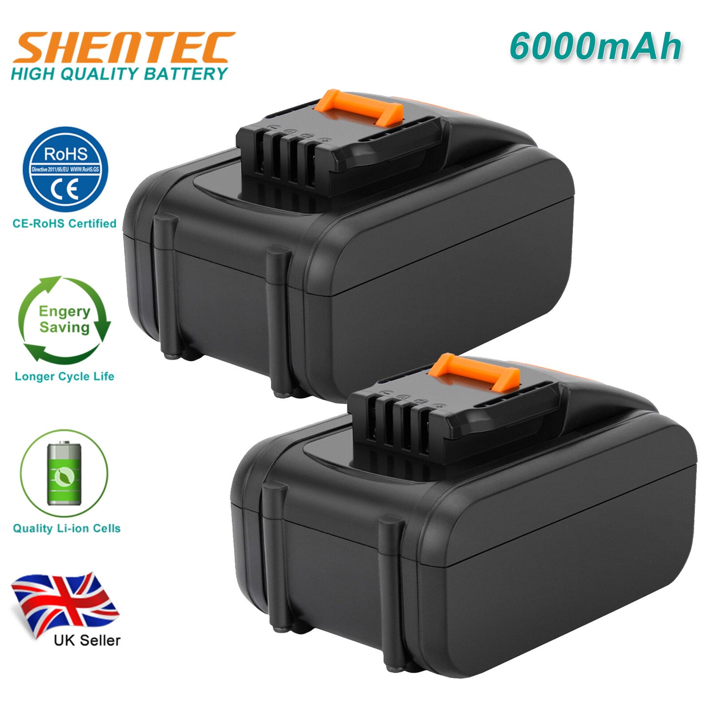 SHENTEC 2 X 20V 6Ah vervangingsaccu voor Worx WA3551.1 WA3553 WA3516 WA3572 WG259E.9 WG169E